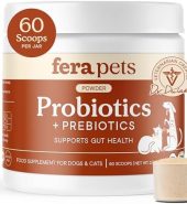Fera Pets Probiotics for Dogs & Cats with Prebiotics – USDA Organic – Gut Health Powder Supplement with 12 Strains and 5 Billion CFUs – Supports Immunity, Energy and Skin & Coat – 60 Scoops